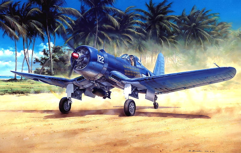 F4U-1A-Corsair, art, airplane, painting, chance vought, pictura, blue, palm tree, HD wallpaper