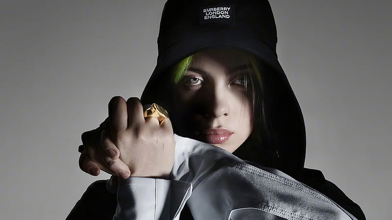 Cute Billie Eilish Is Wearing Ash Color Dress And Black Cap And Gold Ring In Finger In White Background Celebrities, HD wallpaper