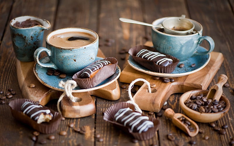 chocolate eclairs, coffee beans, cup, HD wallpaper