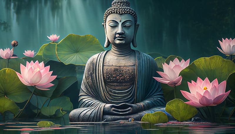 Buddha statue with lotus flowers, Pond, Buddha, Meditation, Peaceful, HD wallpaper