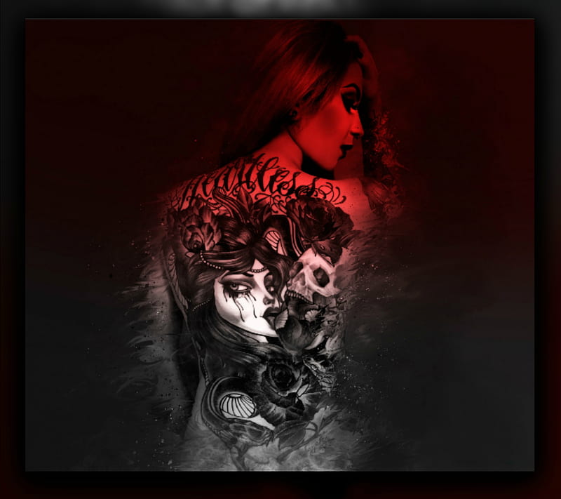 Red Tat Girl, girl, red, tattoo, HD wallpaper