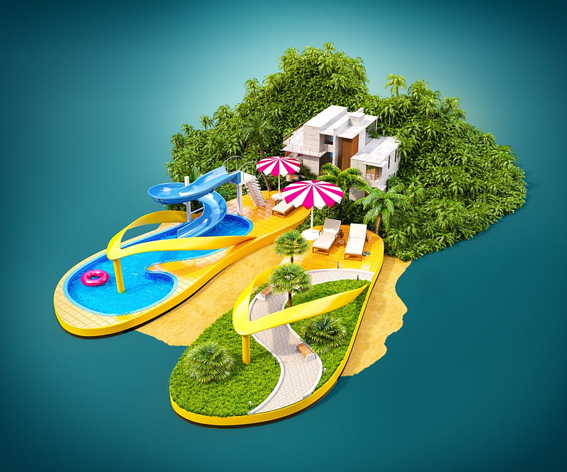 Tropic Resort, resort, Umbrellas, Flip flops, trees, pool, palm trees, palms, HD wallpaper