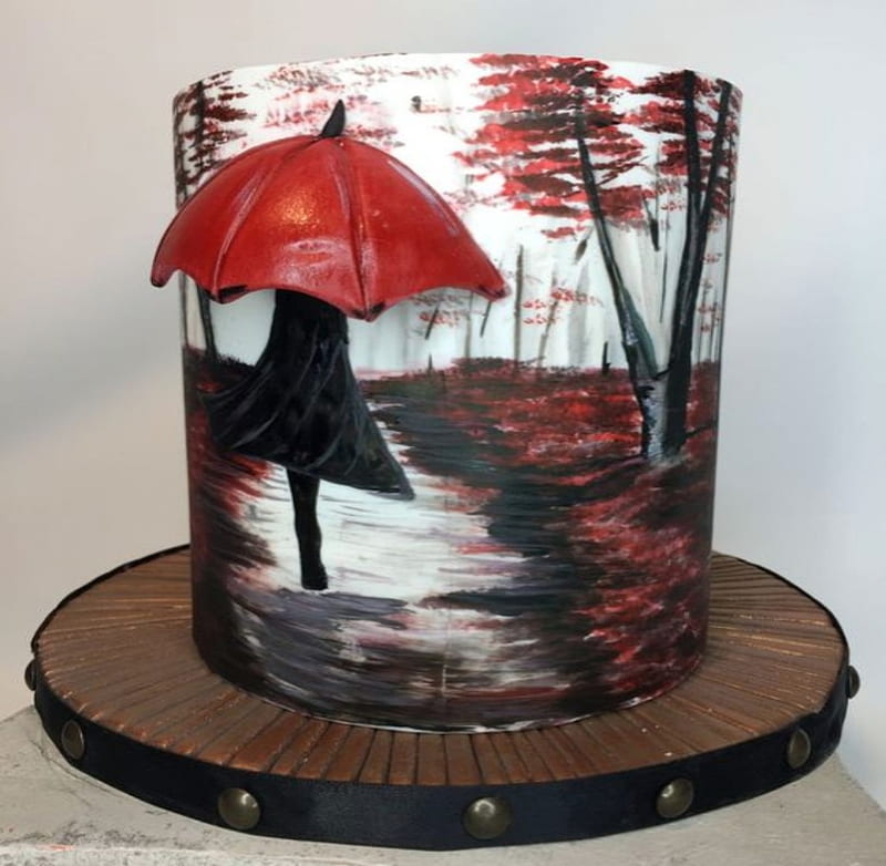 Double Barrel Rain Scene Cake, Cake, Red, Hair, Trees, Umbrella, Woman, Autumn, HD wallpaper