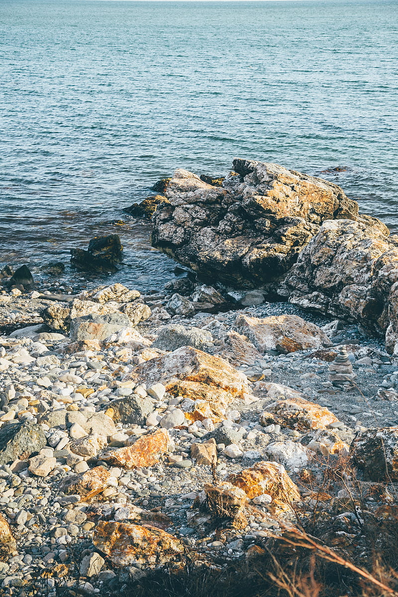 stones, blocks, shore, sea, HD phone wallpaper
