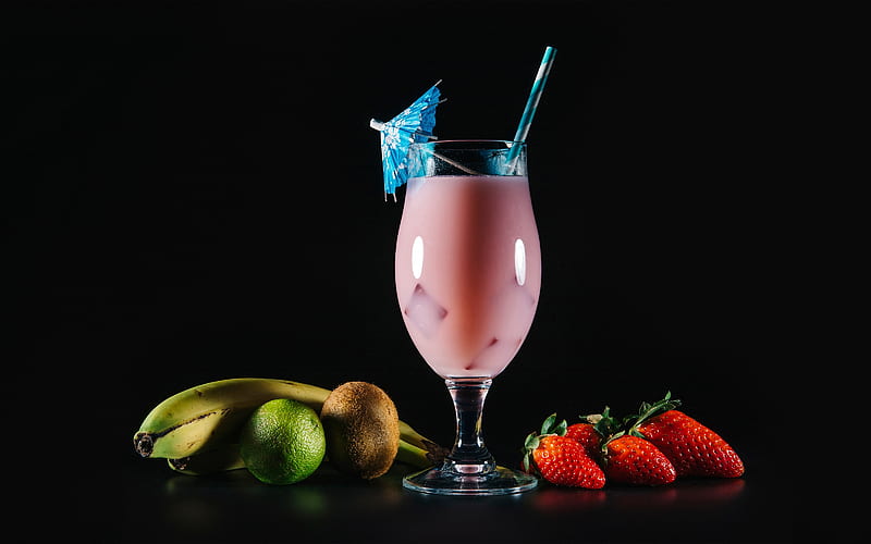 Cocktail, Umbrella, Lime, Strawberry, Glass, Bananas, HD wallpaper