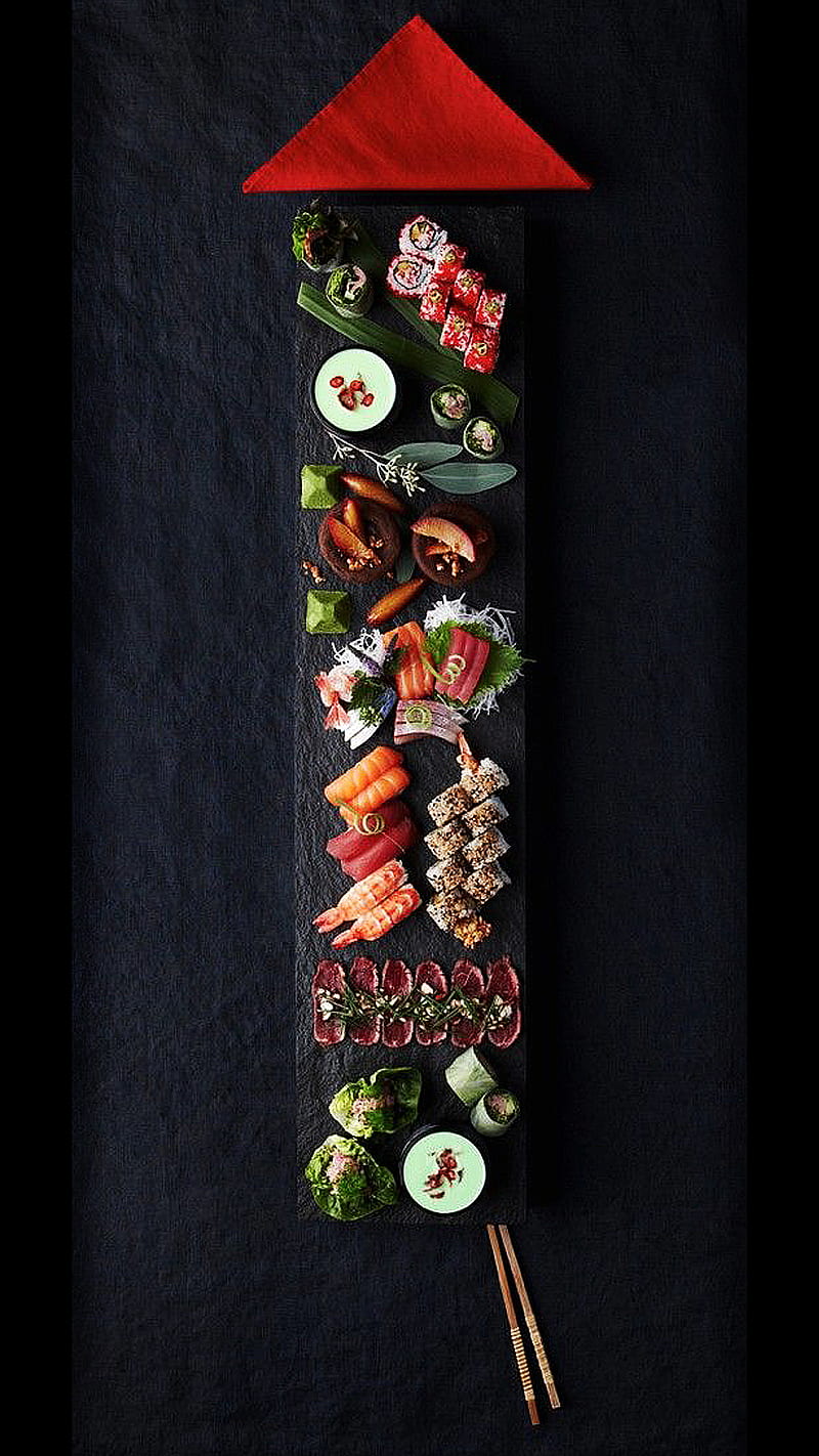 Sushi art 1, black, food, japanese, red, HD phone wallpaper
