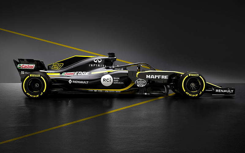 Renault RS18, 2018, formula 1, new racing car, exterior, side view, new pilot protection, cockpit protection, F1, Renault, HD wallpaper