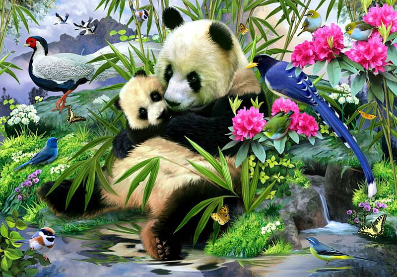 SWEET PANDA\'S, PANDA, BIRDS, FLOWERS, WATER, BEARS, HD wallpaper