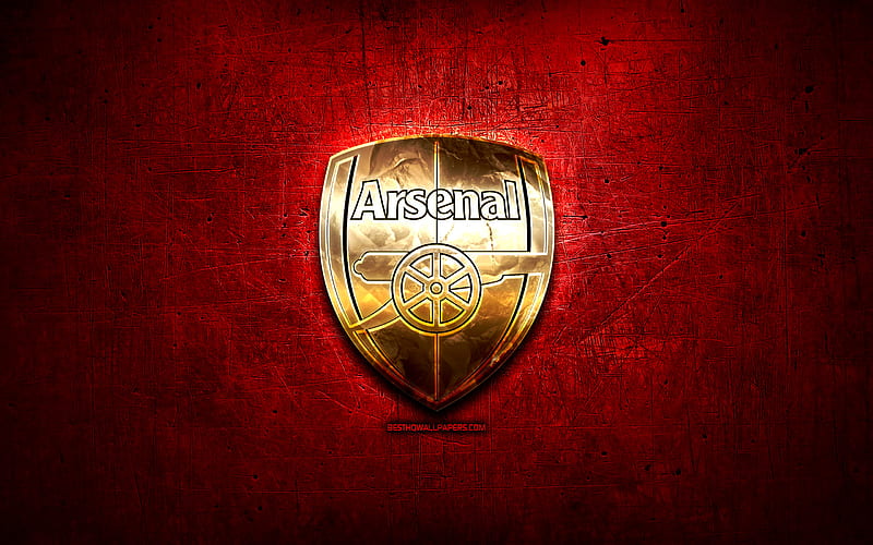 Arsenal FC, golden logo, Premier League, red abstract background, soccer, english football club, Arsenal logo, football, Arsenal, England, HD wallpaper