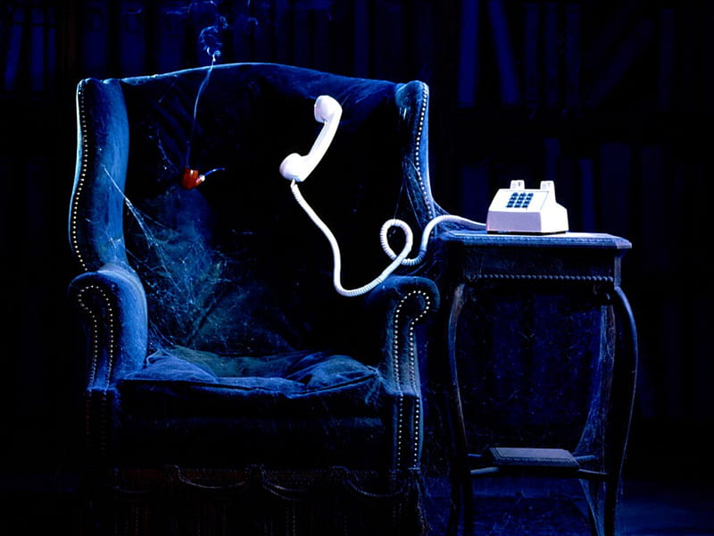 Hold Please..., hold, ghost, spooky, paranormal, invisible, scary, phone, chair, smoke, pipe, blue, HD wallpaper