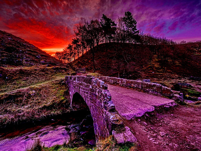 Bridge at sunset, stream, pretty, colorful, dusk, bonito, sunset, twilight, sundown, bridge, river, sunrise, amazing, hills, lovely, floating, creek, trees, water, purple, nature, HD wallpaper