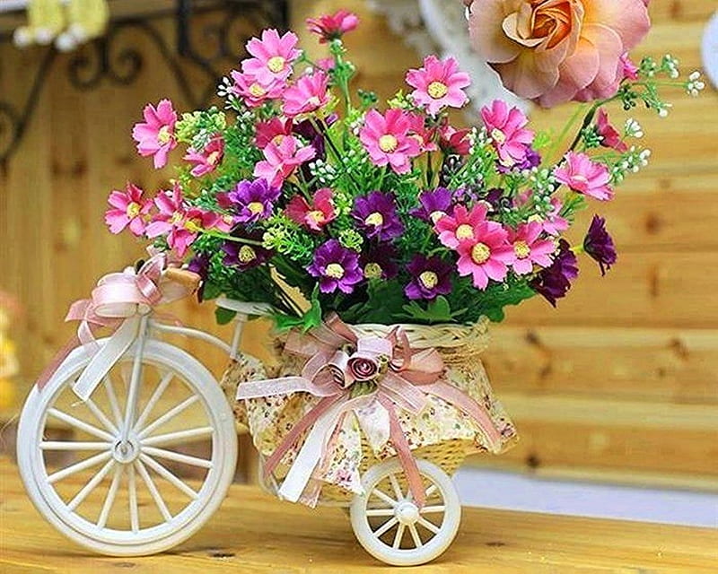 Small bicycle with flowers, artist, art, bicycle, Small, abstract, still life, graphy, purple flowers, hand made, pink, HD wallpaper
