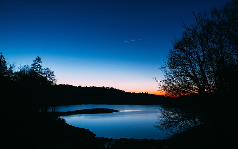 lake, trees, sunset, night, sky, landscape, dark, HD wallpaper