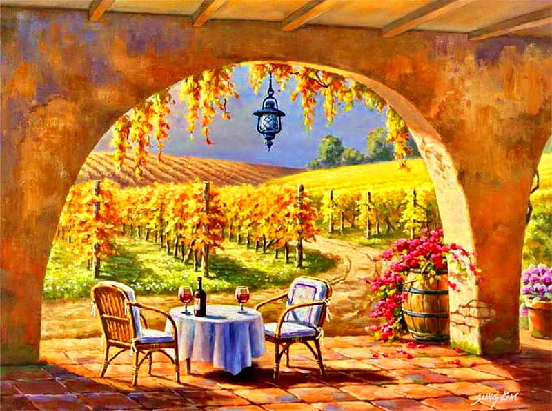Sunny Vineyard, art, vine yard, mountains, painting, chairs, HD wallpaper