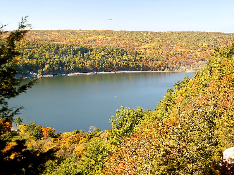 Devils Lake in Autumn, fall, scenic, orange, still, yellow, trees