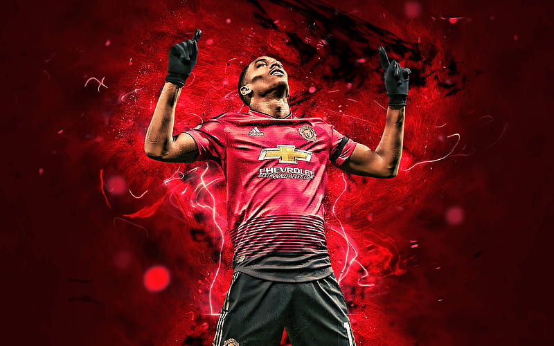 Anthony Martial, Manchester United FC, goal, french footballers, football stars, Premier League, Anthony Jordan Martial, soccer, football, Man United, neon lights, HD wallpaper