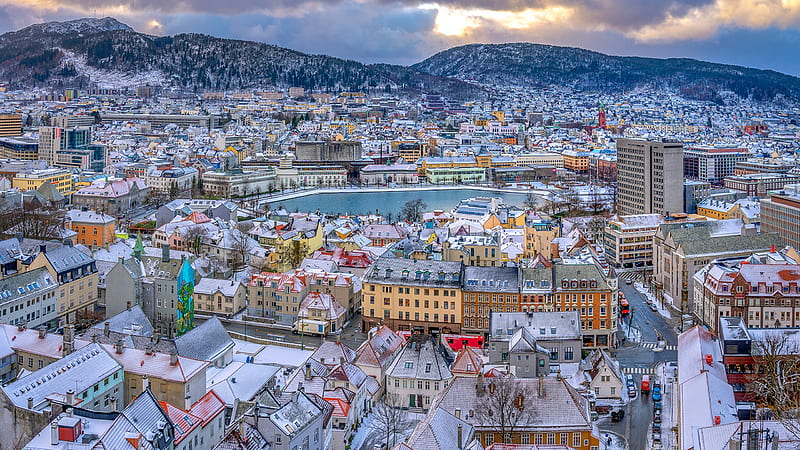 norway, cityscape, rooftops, oslo, mountains, snow, cold, City, HD wallpaper