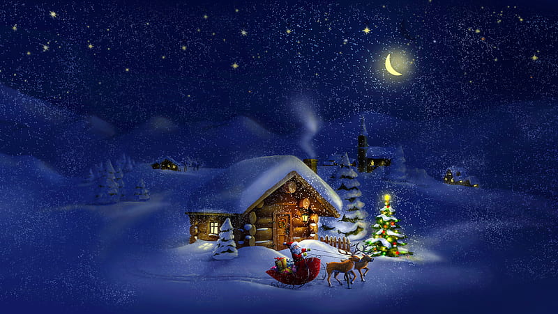 Silent Night, snow, stars, tree, moon, cabin, light, winter, HD wallpaper |  Peakpx
