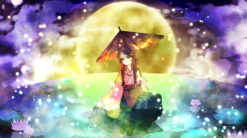 ~Serenity Pond~, lotus, umbrella, sky, clouds, fireflies, pond, moon, water, girl, lily pads, anime, HD wallpaper