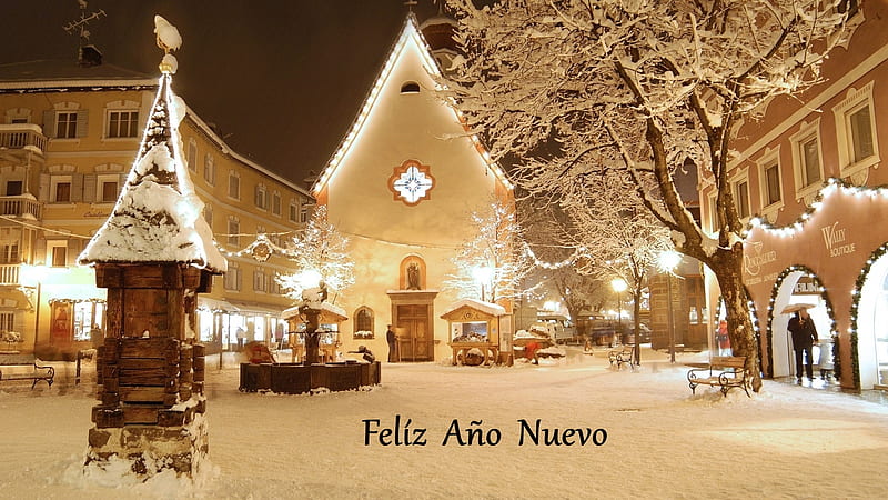 Feliz Ano Nuevo, Christmas, New Year, Espanol, Market, Winter, Buildings, Trees, Church, Snow, Lights, HD wallpaper
