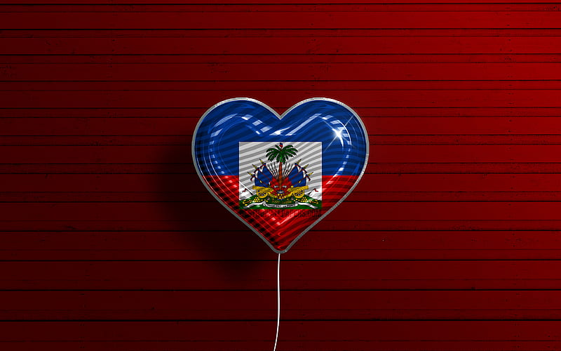 I Love Haiti realistic balloons, red wooden background, North American countries, Haitian flag heart, favorite countries, flag of Haiti, balloon with flag, Haitian flag, North America, Love Haiti, HD wallpaper