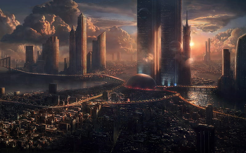 futuristic city, towers, skyscrapers, clouds, sunlight, Sci-fi, HD wallpaper