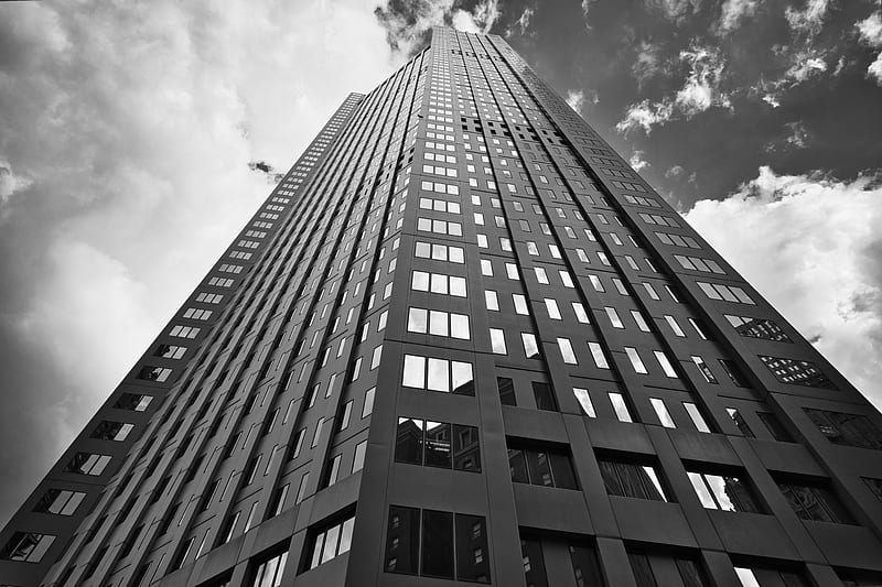 building, windows, reflection, bottom view, black and white, HD wallpaper