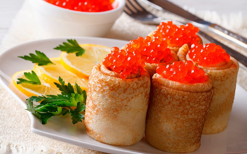 red caviar, appetizer, fish delicacies, caviar with pancakes, HD wallpaper
