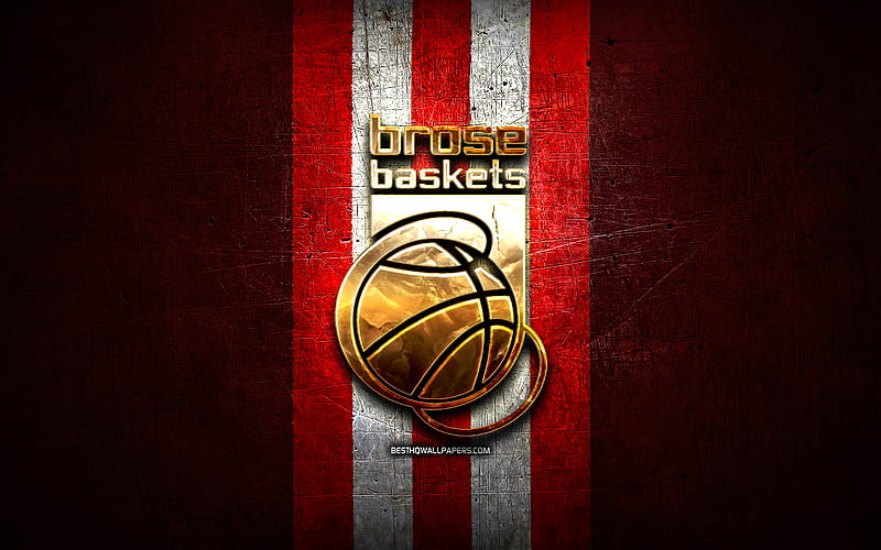 Brose Bamberg, golden logo, BBL, red metal background, german basketball club, Basketball Bundesliga, Brose Bamberg logo, basketball, HD wallpaper