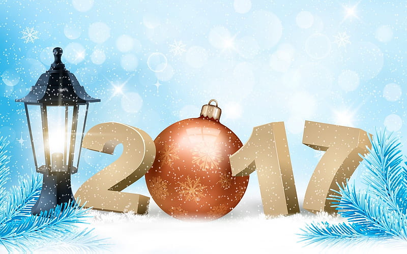 Happy New Year 2017, lights, winter, snow, Christmas, New Year, HD wallpaper