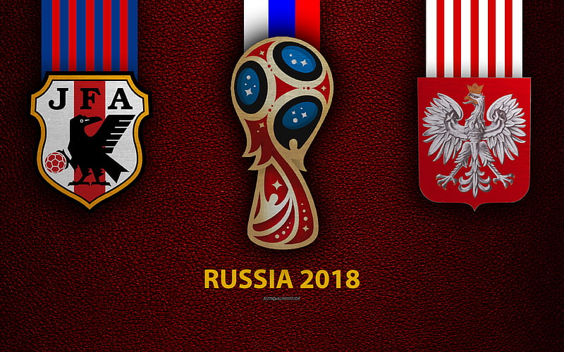 Japan vs Poland Group H, football, logos, 2018 FIFA World Cup, Russia 2018, burgundy leather texture, Russia 2018 logo, cup, japan, Poland, national teams, football match, HD wallpaper