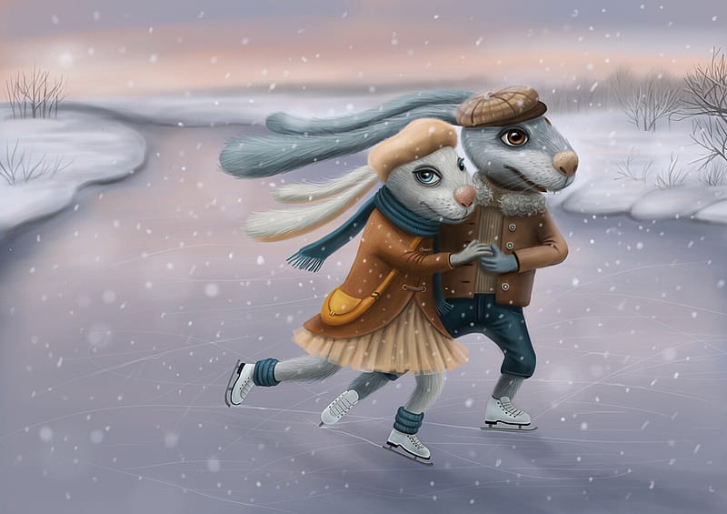 Rabbits skaters, fantasy, skaters, ice, bunny, tanya larina, couple, winter, art, luminos, funny, HD wallpaper