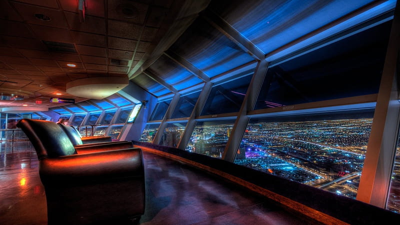 wonderful observation deck at night r, city, r, chair, observation, deck, lights, night, HD wallpaper