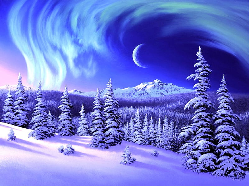 ★Land of Flick Wind★, attractions in dreams, bonito, xmas and new year, paintings, flick, blue, lovely, white trees, wind, colors, love four seasons, creative pre-made, winter, cool, purple, snow, mountains, nature, HD wallpaper