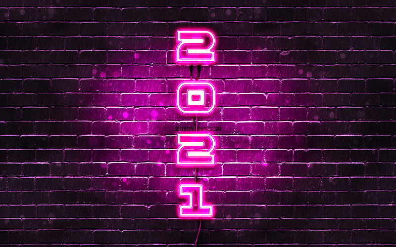 Happy New Year 2021, purple neon digits, purple brickwall, 2021 yellow digits, 2021 concepts, 2021 new year, vertical neon inscription, 2021 on purple background, 2021 year digits, HD wallpaper