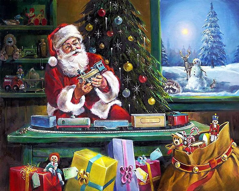 Christmas is Coming, bulbs, christmas tree, santa, toys, artwork, gihts, HD wallpaper