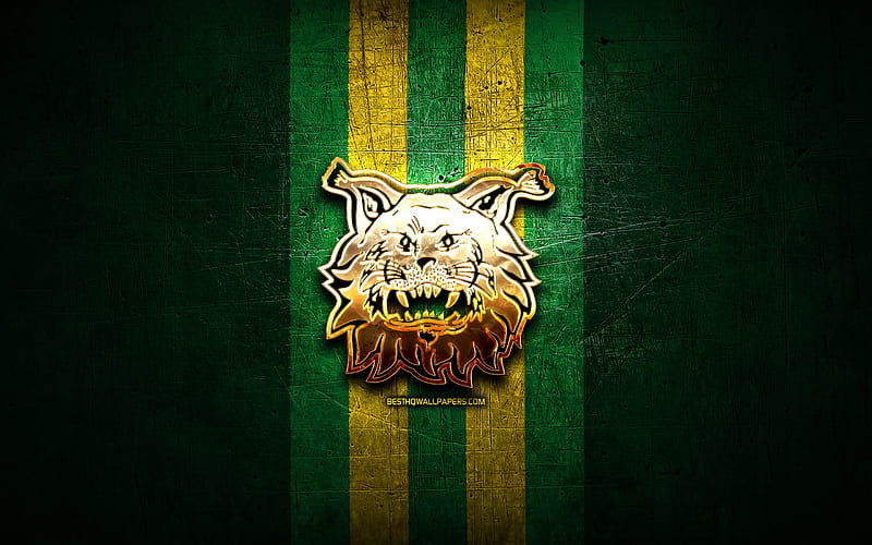 Ilves, golden logo, Liiga, green metal background, finnish hockey team, finnish hockey league, Ilves logo, hockey, HD wallpaper