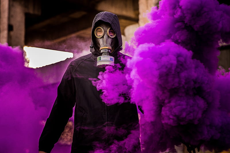 man, gas mask, smoke, purple, HD wallpaper
