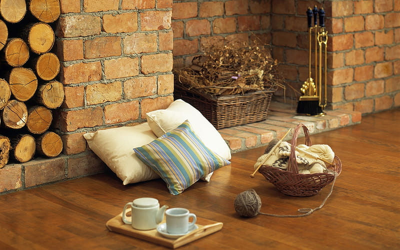 tea time in my home corner, baskets, teapot, fireplace, bonito, pylows, teacup, HD wallpaper