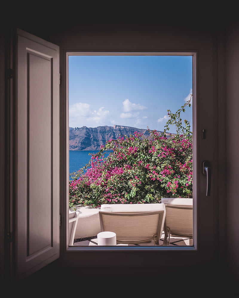 opened window showing outdoor lounger and pink flowers with mountain background, HD phone wallpaper