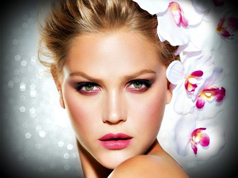 Esti Ginzburg, model, glitter, black, blonde, by cehenot, woman, make-up, girl, orchid, face, white, pink, HD wallpaper