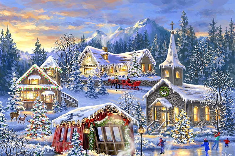 Christmas Village, sleigh, Christmas, villages, holidays, houses, love four seasons, Christmas Trees, valley, winter, xmas and new year, paintings, snow, churches, nature, HD wallpaper