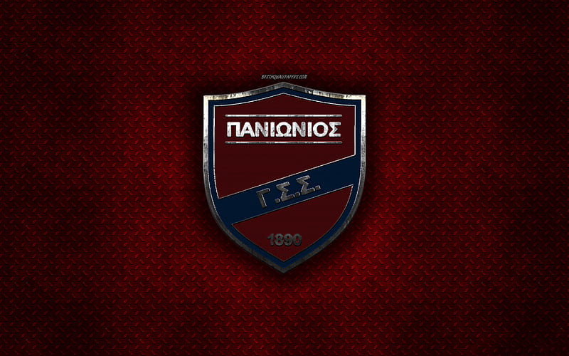 Panionios FC, Greek football club, red metal texture, metal logo, emblem, Athens, Greece, Super League Greece, creative art, football, Panionios Athens, HD wallpaper