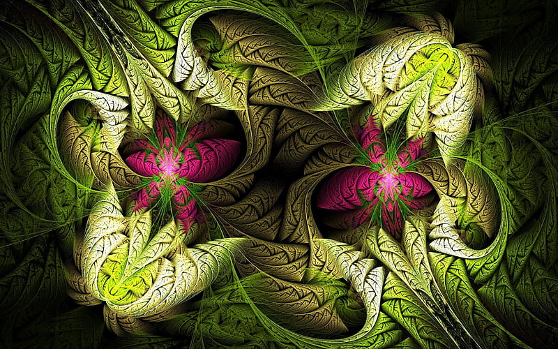 Foliage Dappled by Sunlight, abstract, purple, green, fractal, digital art, HD wallpaper