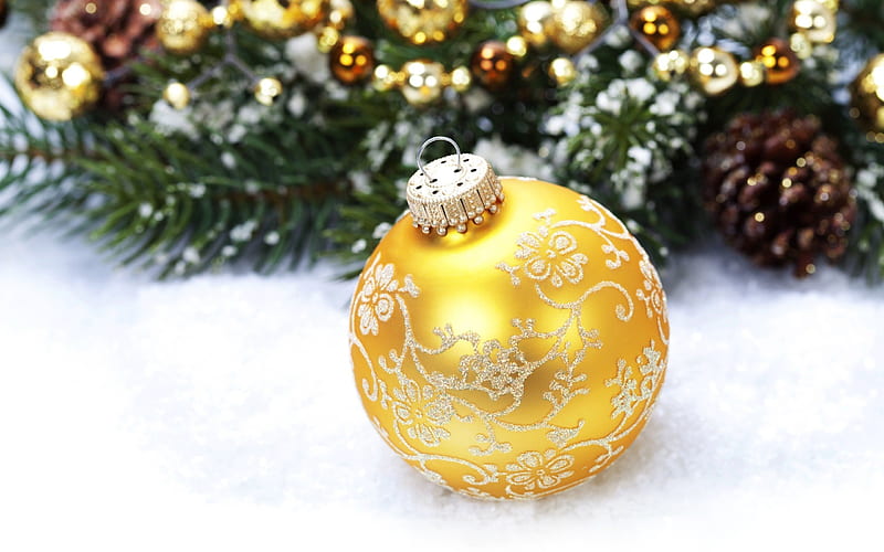 snow, golden Christmas balls, New Year, Christmas, HD wallpaper