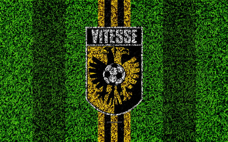 SBV Vitesse emblem, football lawn, Dutch football club, logo, texoutra grass, Eredivisie, black yellow lines, Arnhem, Netherlands, football, Vitesse FC, HD wallpaper