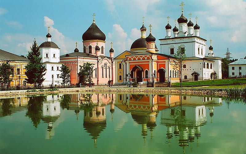 Monastery in Russia, monastery, reflection, church, Russia, water, HD wallpaper