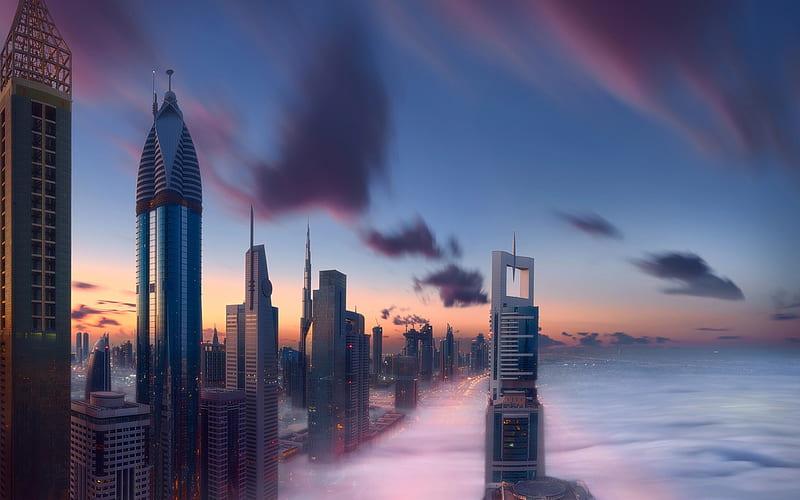 Dubai, fog, sunrise, skyscrapers, UAE, business centers, cityscape, HD wallpaper