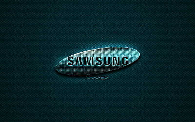 Samsung glitter logo, creative, blue metal background, Samsung logo, brands, Samsung, HD wallpaper
