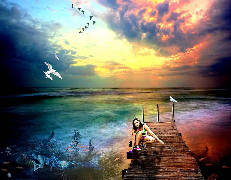 Silent Reflections, pier, mermaid, birds, twilight, clouds, sky, art, fish, girl, digital, HD wallpaper
